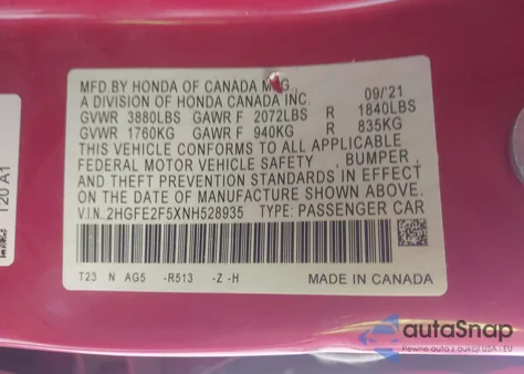 2022 Honda Civic Sport from USA, damaged, VIN 2HGFE2F5XNH528935